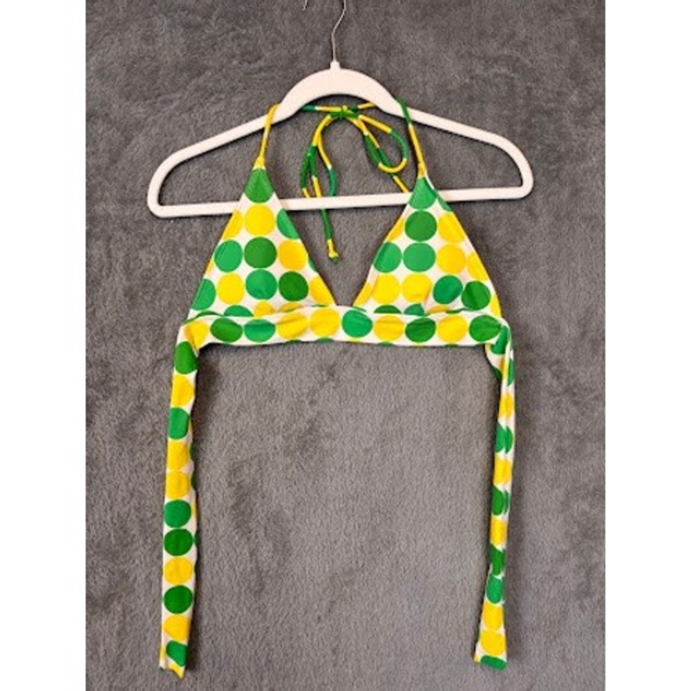 5-7-9 Womens Polka Dot Triangle Bikini Top Green Yellow White Size M Halter Tie